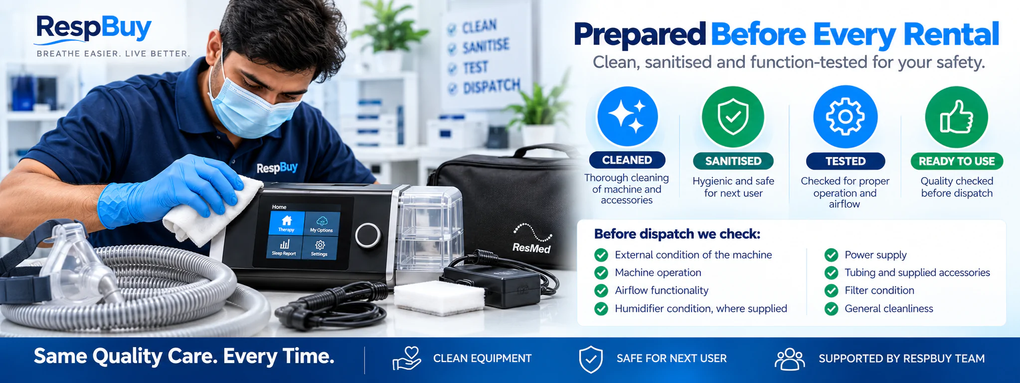 BiPAP on Rent – Affordable Sleep Apnea Therapy with Weekly & Monthly Plans 15 BiPAP rental machine cleaned sanitised inspected and tested by RespBuy