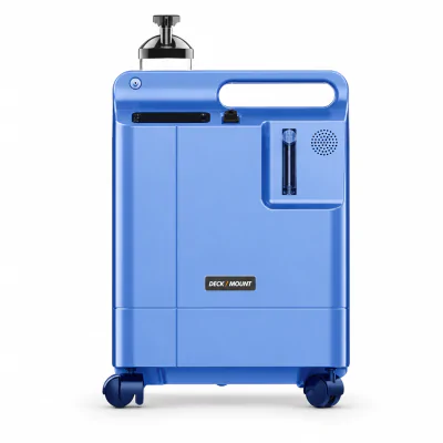 Deckmount Gene O2 5 litre oxygen concentrator - blue model with humidifier bottle and wheels