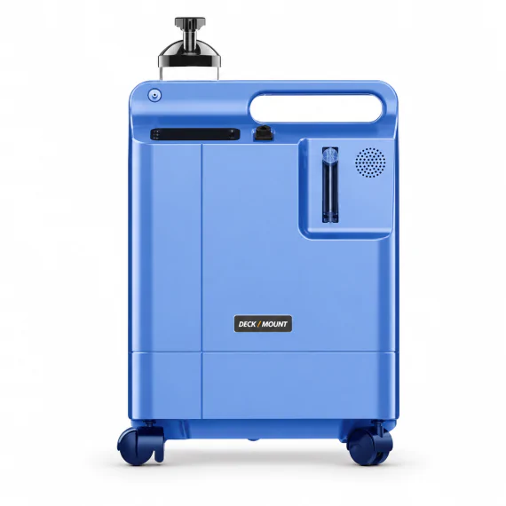 Deckmount Gene O2 5 litre oxygen concentrator - blue model with humidifier bottle and wheels
