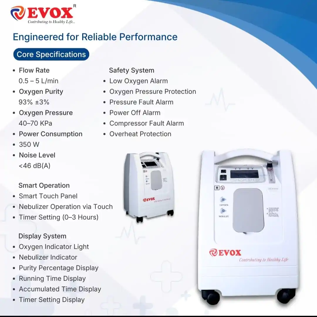 EVOX-5S oxygen concentrator specification sheet showing touch controls and safety features