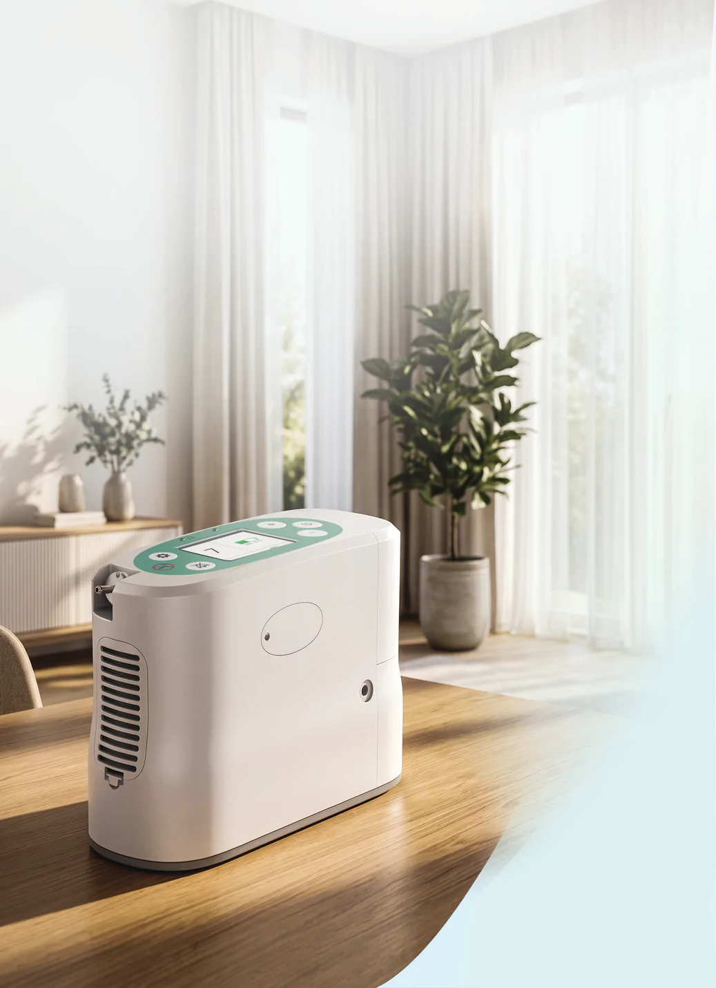 Oxymed P2-E7 portable oxygen concentrator in a home setting