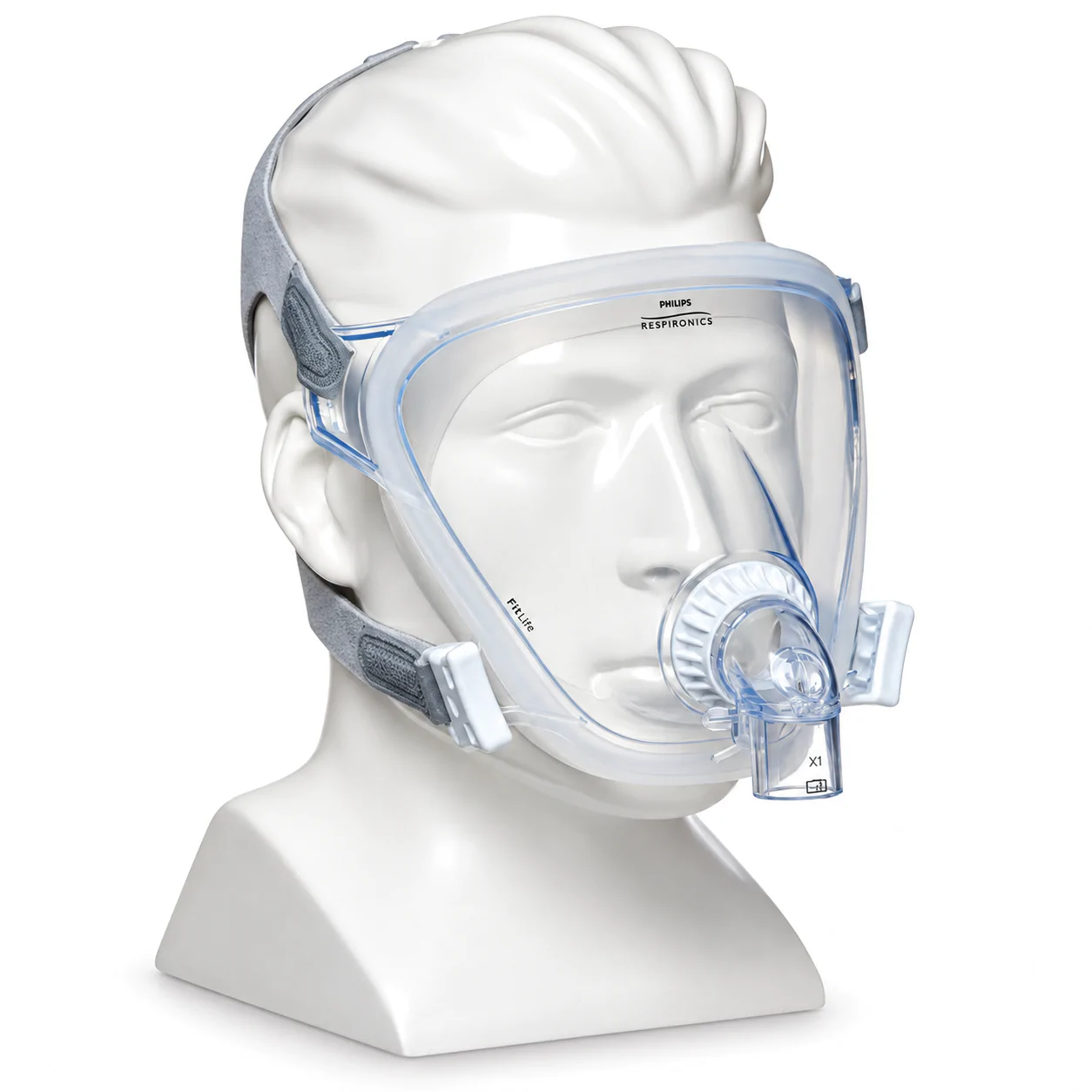 Philips FitLife total face mask with headgear, angled view