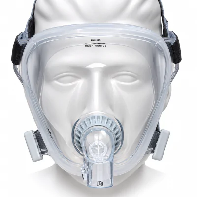 Philips FitLife total face mask with grey headgear on a display mannequin, front view