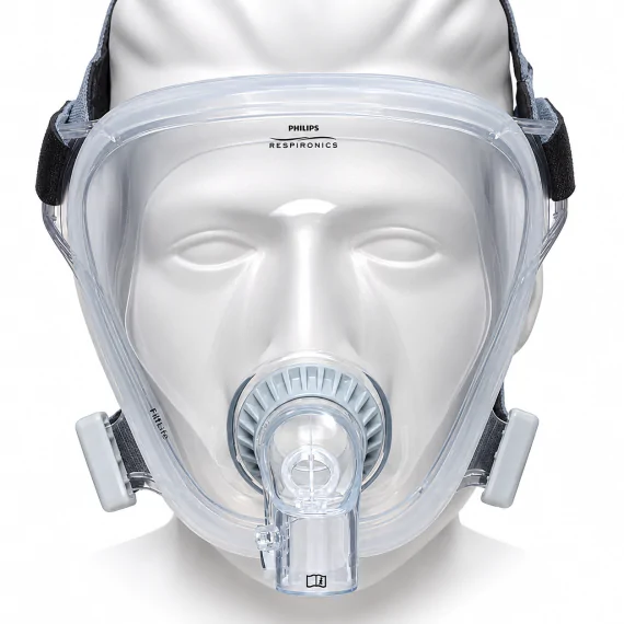 Philips FitLife total face mask with grey headgear on a display mannequin, front view