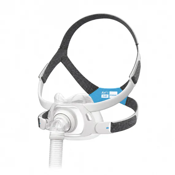 ResMed AirFit F40 full face CPAP mask with standard headgear, side view