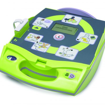 ZOLL AED Plus fully automatic defibrillator showing automatic shock indicator and Real CPR Help display